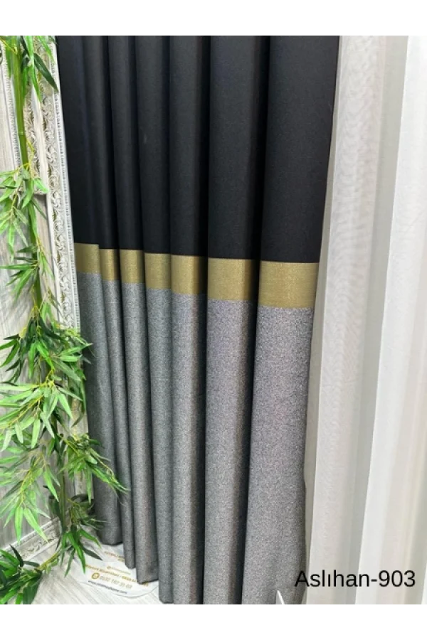 NİVEMESHOME ASLIHAN SİYAH-GOLD FT632116 V-903 1/3 SIK PİLE FON PERDE APM