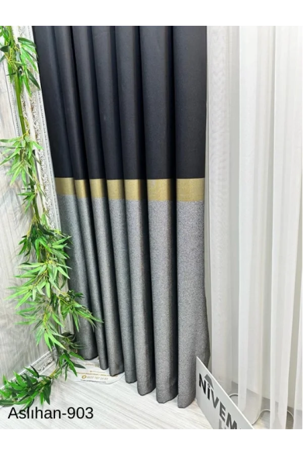 NİVEMESHOME ASLIHAN SİYAH-GOLD FT632116 V-903 1/3 SIK PİLE FON PERDE APM