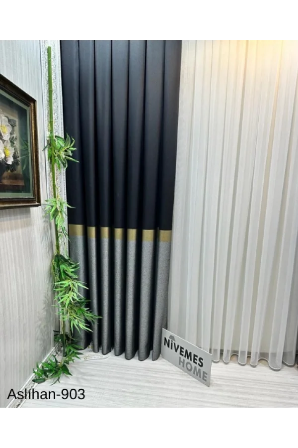 NİVEMESHOME ASLIHAN SİYAH-GOLD FT632116 V-903 1/3 SIK PİLE FON PERDE APM