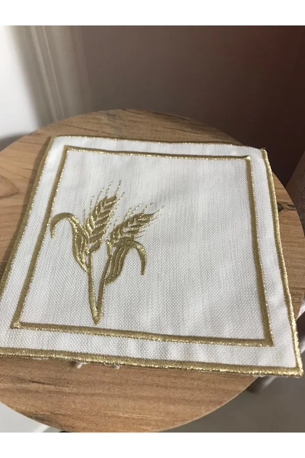 NİVEMESHOME BAŞAK NAKIŞLI GOLD KARE (6 ADET) KETEN KOKTEYL PEÇETESİ KAHVE YANI SUNUMLUK