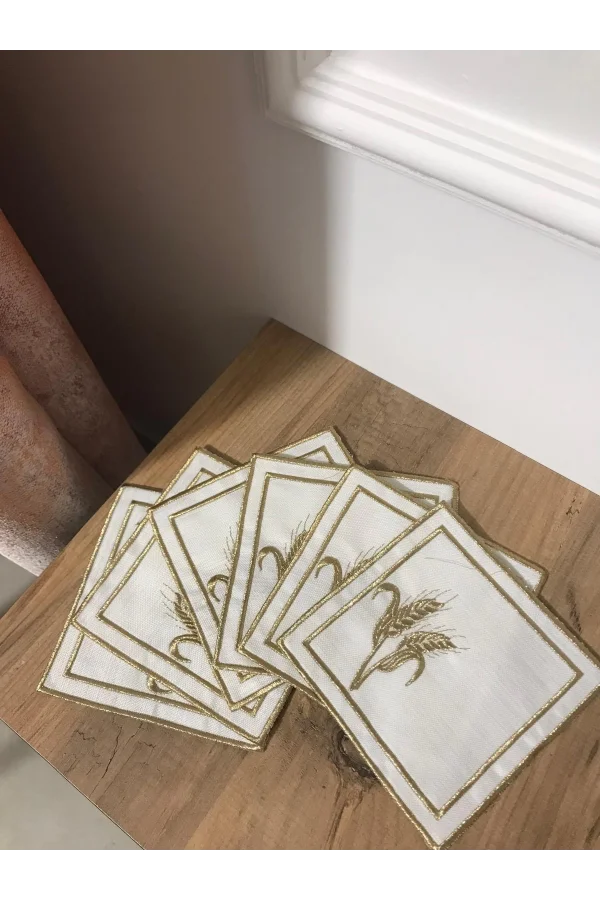 NİVEMESHOME BAŞAK NAKIŞLI GOLD KARE (6 ADET) KETEN KOKTEYL PEÇETESİ KAHVE YANI SUNUMLUK