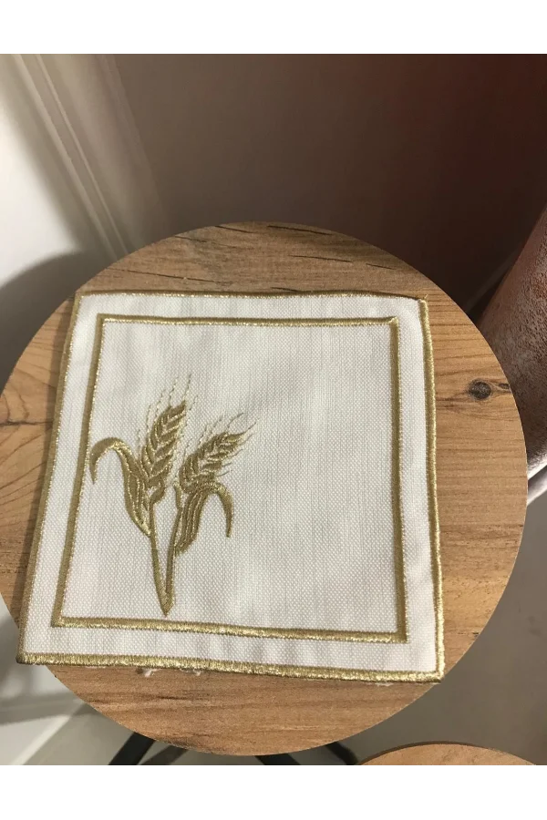 NİVEMESHOME BAŞAK NAKIŞLI GOLD KARE (6 ADET) KETEN KOKTEYL PEÇETESİ KAHVE YANI SUNUMLUK