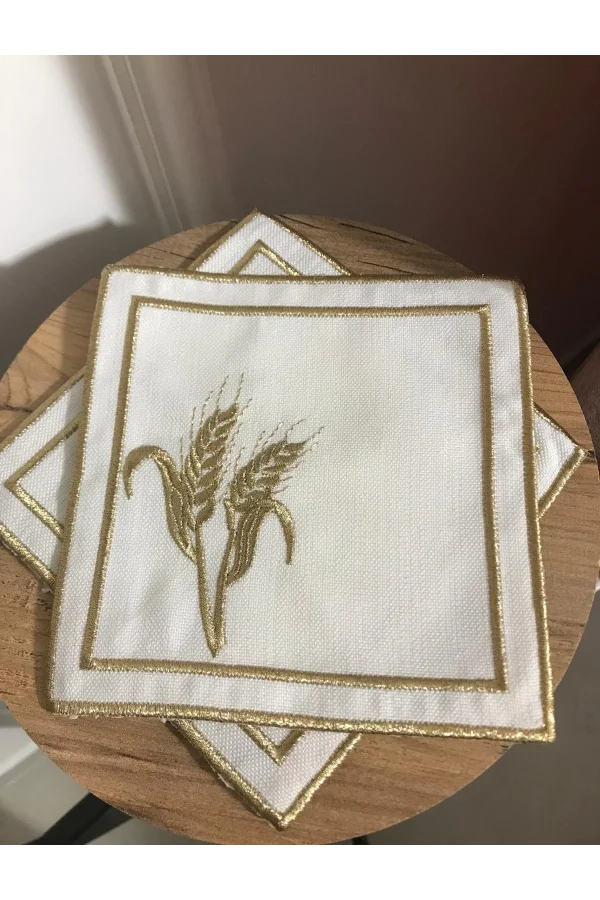 NİVEMESHOME BAŞAK NAKIŞLI GOLD KARE (6 ADET) KETEN KOKTEYL PEÇETESİ KAHVE YANI SUNUMLUK
