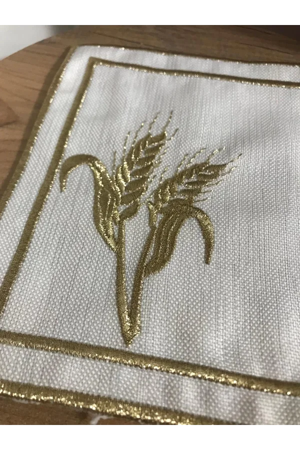 NİVEMESHOME BAŞAK NAKIŞLI GOLD KARE (6 ADET) KETEN KOKTEYL PEÇETESİ KAHVE YANI SUNUMLUK