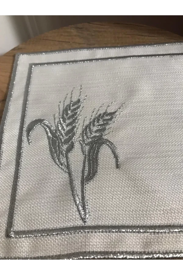 NİVEMESHOME BAŞAK NAKIŞLI GÜMÜŞ KARE (6 ADET) KETEN KOKTEYL PEÇETESİ KAHVE YANI SUNUMLUK