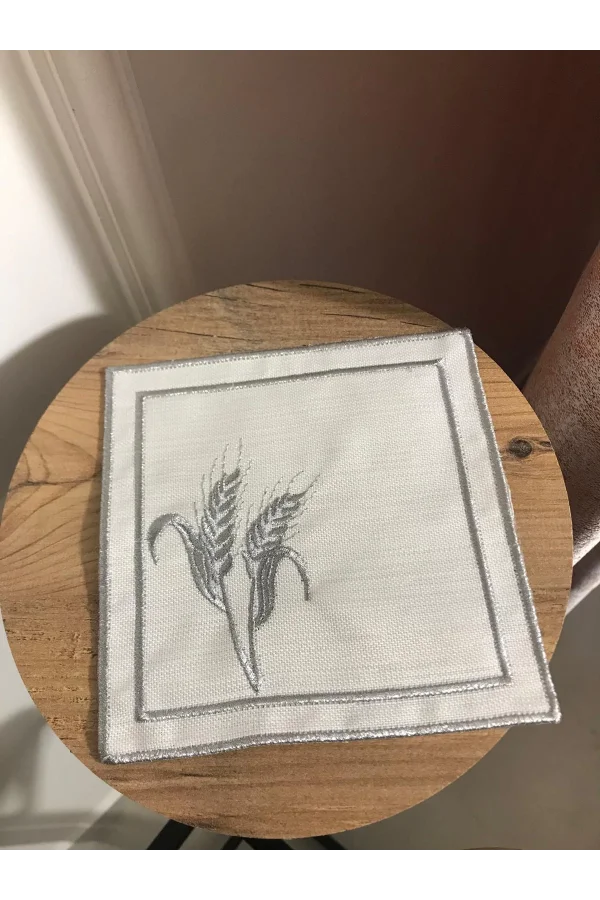 NİVEMESHOME BAŞAK NAKIŞLI GÜMÜŞ KARE (6 ADET) KETEN KOKTEYL PEÇETESİ KAHVE YANI SUNUMLUK