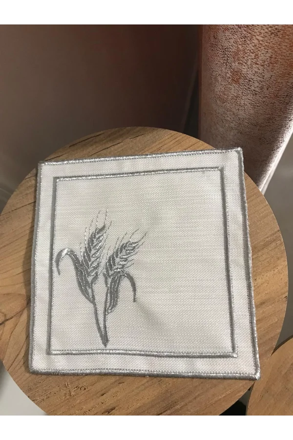 NİVEMESHOME BAŞAK NAKIŞLI GÜMÜŞ KARE (6 ADET) KETEN KOKTEYL PEÇETESİ KAHVE YANI SUNUMLUK