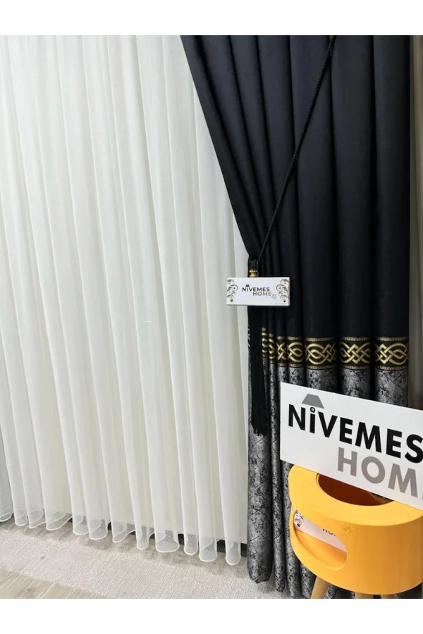 NIVEMESHOME BEGONYA NEGRO-ORO 1/3 PLISADO CORTINA DE FONDO APM