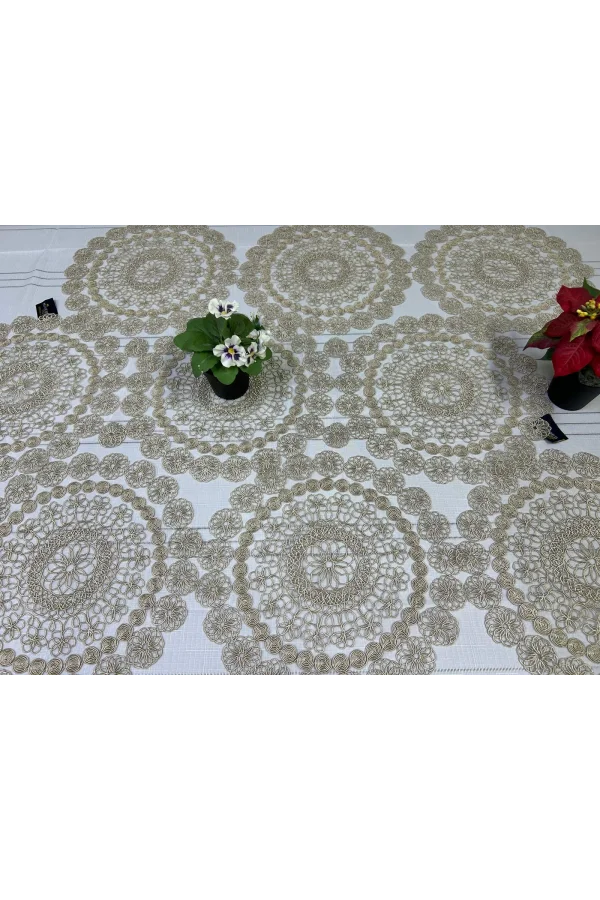 NİVEMESHOME BEJ ÖRME TAKIM 7 PARÇA SUNUMLUK SETİ (RUNNER + SUPLA 6 ADET)