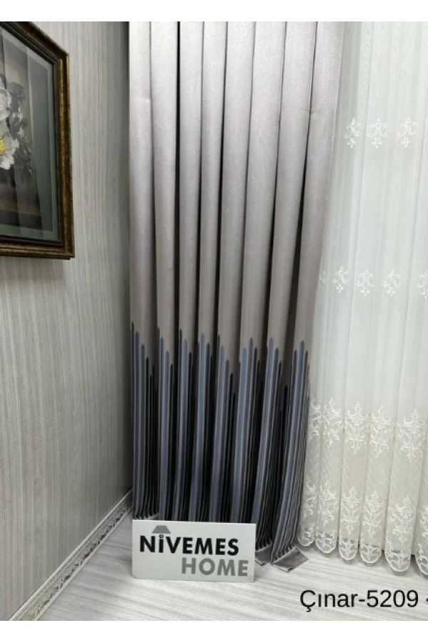 NİVEMESHOME ÇINAR DUNKELBRAUN -BLAU 5209 1/3 DICHT GEFALTETER VORHANG APM