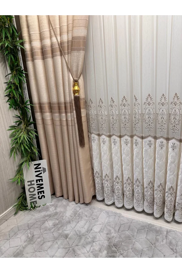 NİVEMESHOME DEFNE CREAM FT614339 V-101 1/3 THICK-PILE BACKGROUND CURTAIN APM
