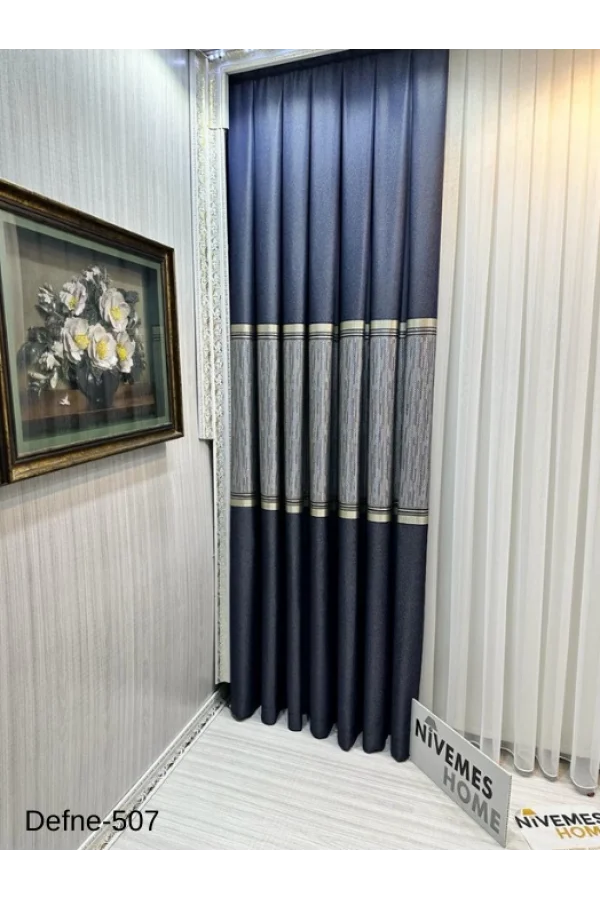 NİVEMESHOME DEFNE LACİVERT FT614166 V-507 1/3 DİK MEŞE PERDE