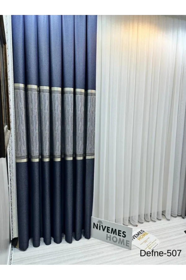 NİVEMESHOME DEFNE LACİVERT FT614166 V-507 1/3 DİK MEŞE PERDE