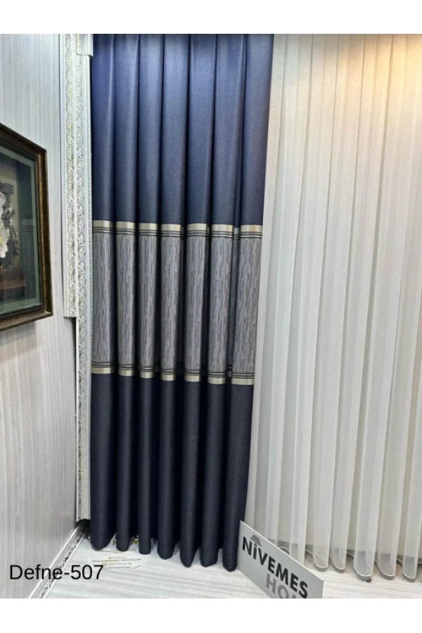 NİVEMESHOME DEFNE LACİVERT FT614166 V-507 1/3 DİK MEŞE PERDE