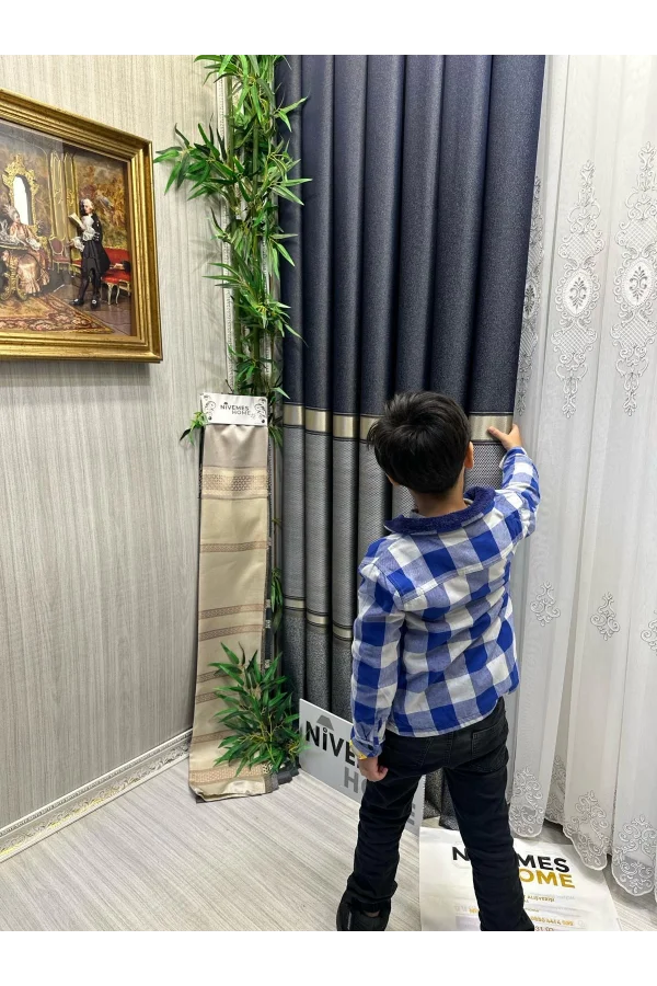 NİVEMESHOME DENİZ FT614177 V-502 LACİVERT 1/3 SIK PİLELİ ستارة رفيعة المظهر