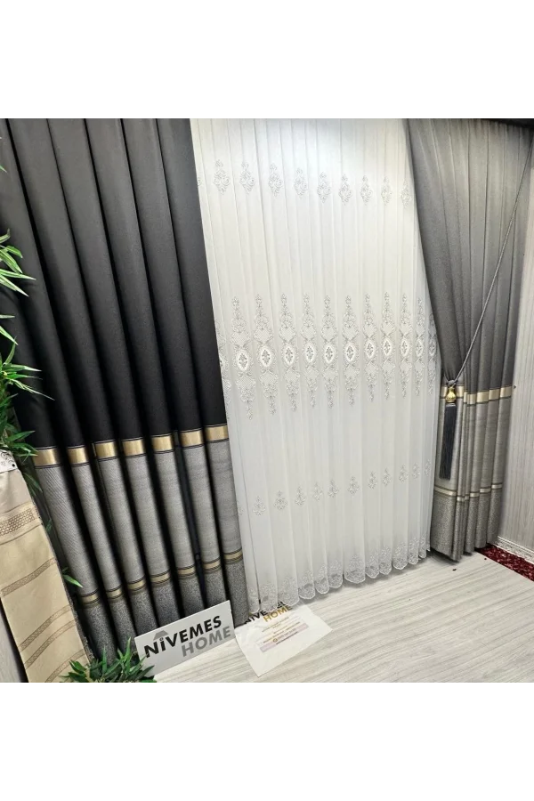 NİVEMESHOME DENİZ FT614177 V-902 NEGRO 1/3 PLISADO GRUESO CORTINA DE FONDO APM