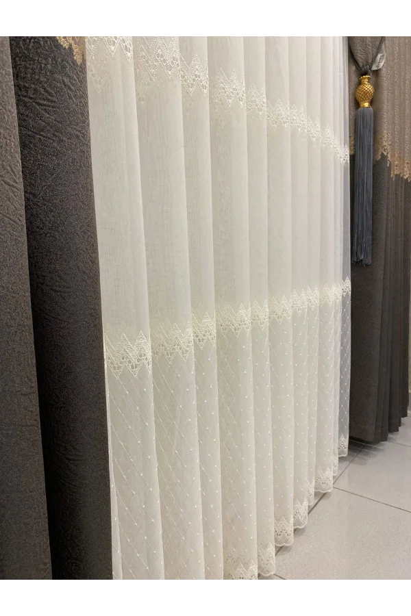 NİVEMESHOME DİVİNA ZİGZAG IŞLEMELİ KREM 1/3 SIK PİLE TÜL PERDE APM