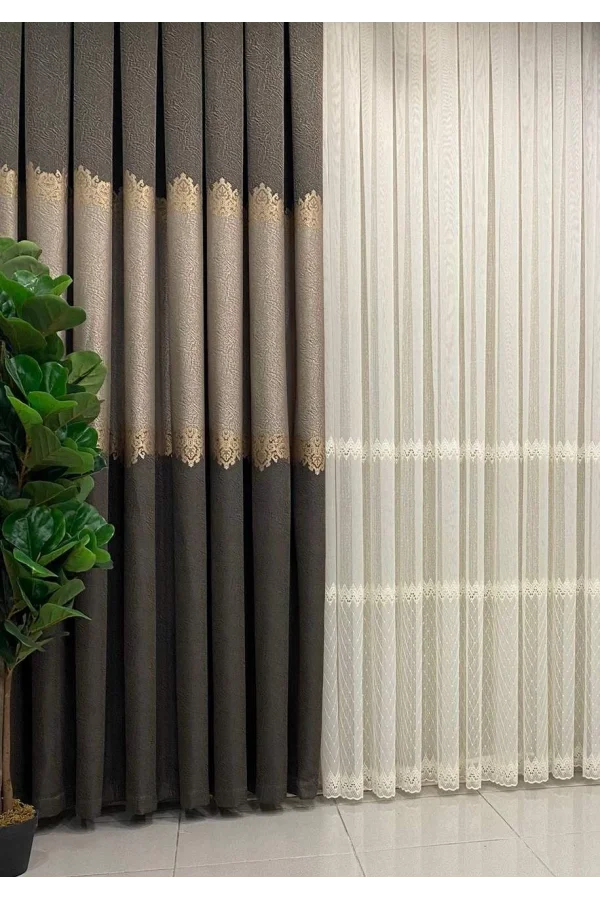 NİVEMESHOME DİVİNA ZİGZAG IŞLEMELİ KREM 1/3 SIK PİLE TÜL PERDE APM