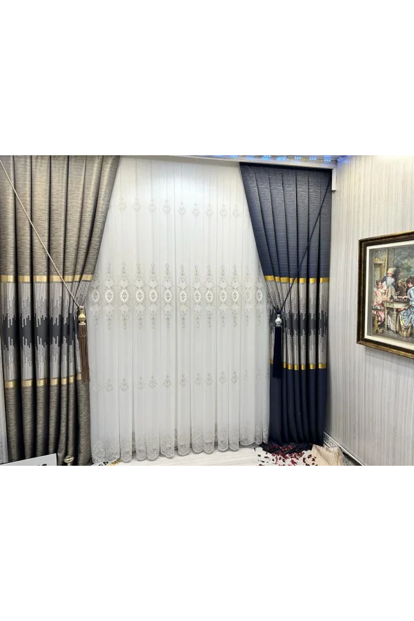 NİVEMESHOME DREAM GOLD DETAYLI 1/3 SIK PİLELİ TÜL PERDE APM
