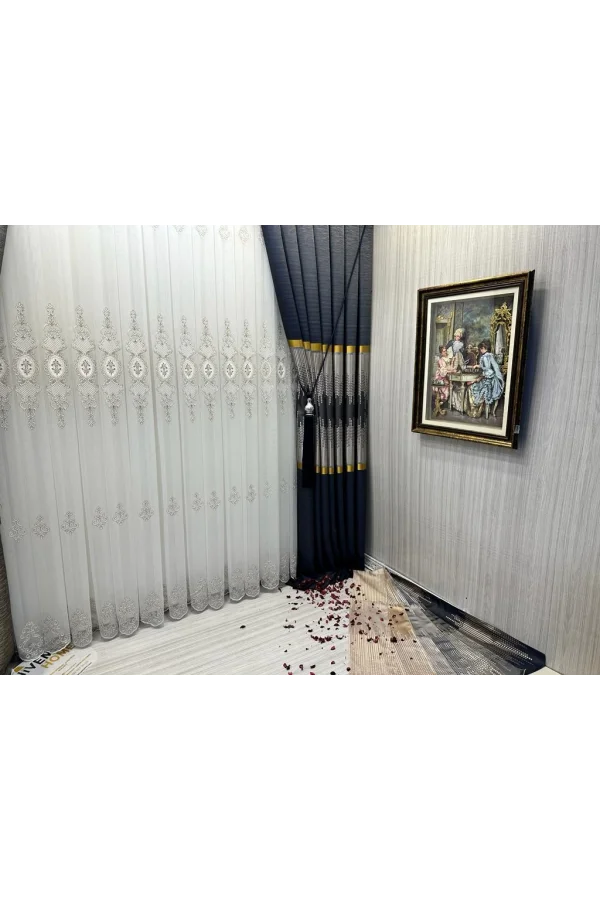 NİVEMESHOME DREAM GOLD DETAYLI 1/3 SIK PİLELİ TÜL PERDE APM