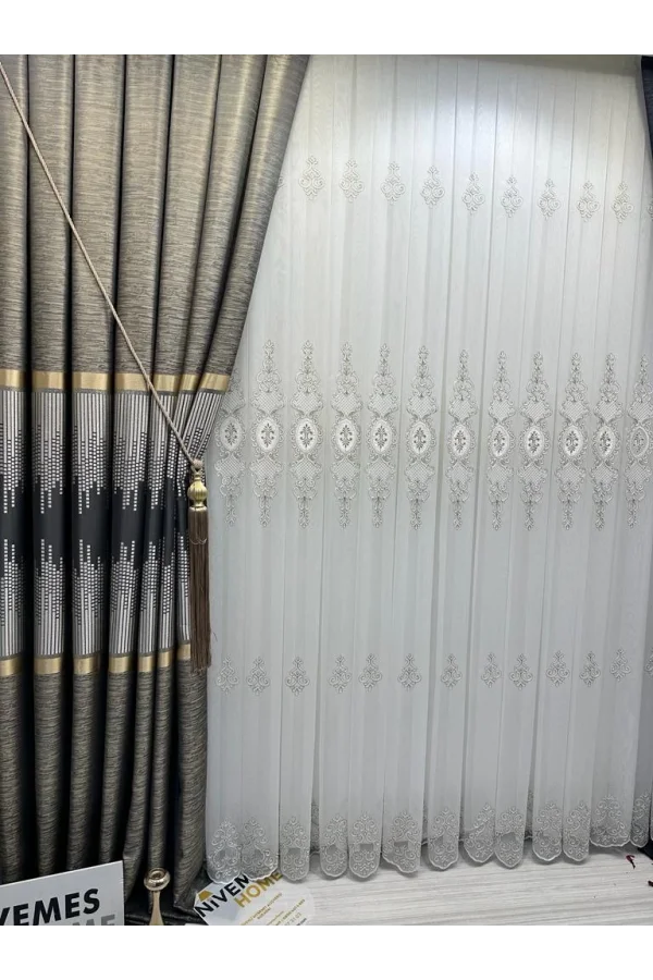 NİVEMESHOME DREAM GOLD DETAYLI 1/3 SIK PİLELİ TÜL PERDE APM