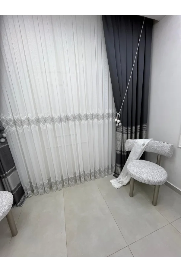 NİVEMESHOME ELİN 2573 V-105 GÜMÜŞ DETAY 1/3 PİLELİ TÜL PERDE APM