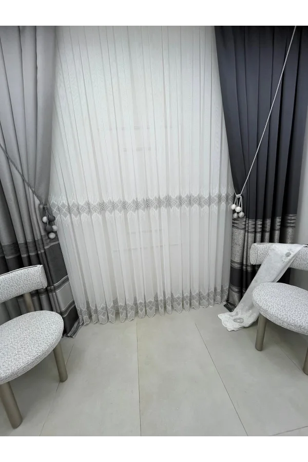 NİVEMESHOME ELİN 2573 V-105 GÜMÜŞ DETAY 1/3 PİLELİ TÜL PERDE APM