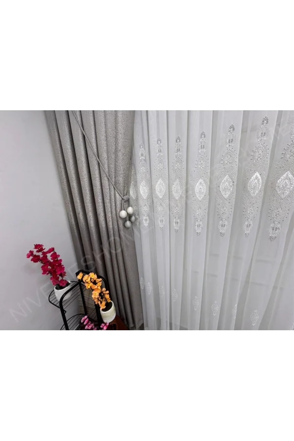 NİVEMESHOME ELİSYA 3812 SILBER GLITZERND 1/3 GEWINDE BAMBUSSTOFF VORHANG