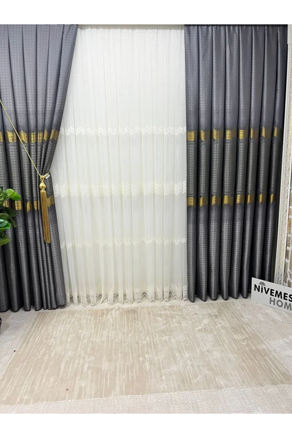 NİVEMESHOME FIONA NAVY GOLD 1/3 DENSE PLEATED CURTAIN APM