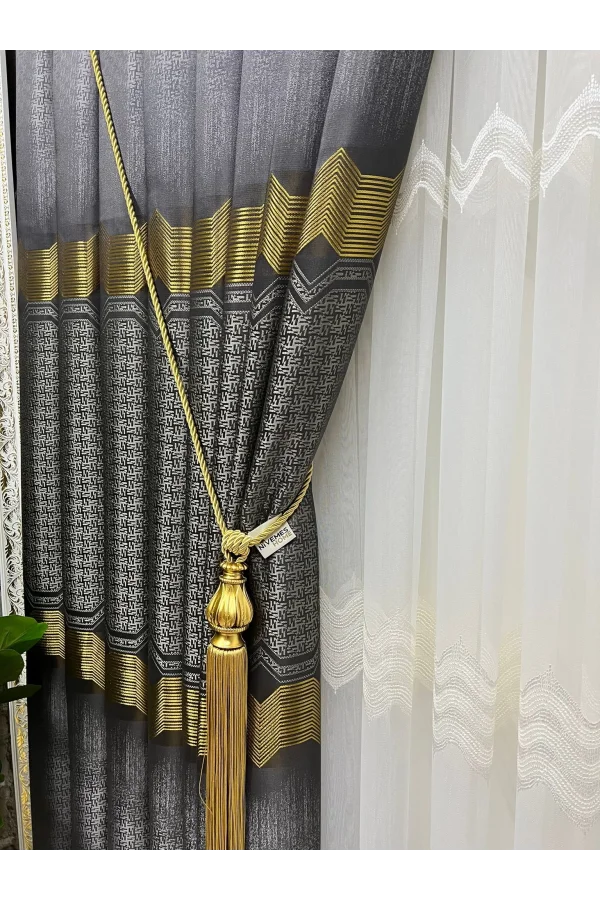 NİVEMESHOME FIONA NAVY GOLD 1/3 DENSE PLEATED CURTAIN APM