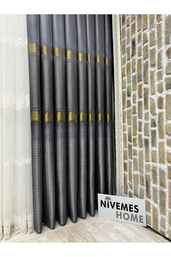 NİVEMESHOME FIONA NAVY GOLD 1/3 DENSE PLEATED CURTAIN APM