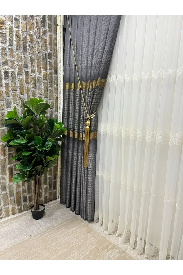 NİVEMESHOME FIONA NAVY GOLD 1/3 DENSE PLEATED CURTAIN APM