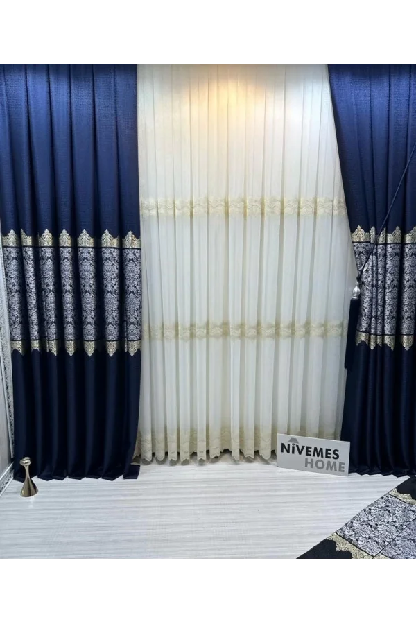 NİVEMESHOME FJ631749 V-517 ARORA الأزرق الغامق 1/3 سميكة مكتملة الغسق الستارة الحائطية