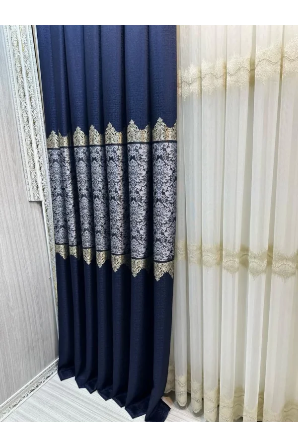 NİVEMESHOME FJ631749 V-517 ARORA الأزرق الغامق 1/3 سميكة مكتملة الغسق الستارة الحائطية