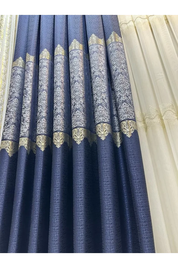 NİVEMESHOME FJ631749 V-517 ARORA الأزرق الغامق 1/3 سميكة مكتملة الغسق الستارة الحائطية