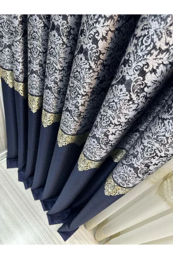 NİVEMESHOME FJ631749 V-517 ARORA الأزرق الغامق 1/3 سميكة مكتملة الغسق الستارة الحائطية