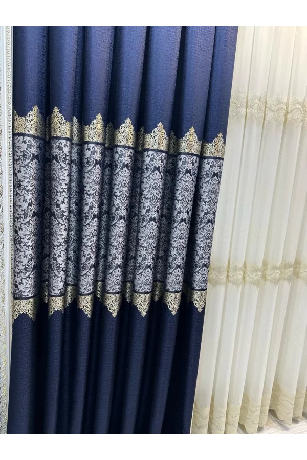 NİVEMESHOME FJ631749 V-517 ARORA الأزرق الغامق 1/3 سميكة مكتملة الغسق الستارة الحائطية