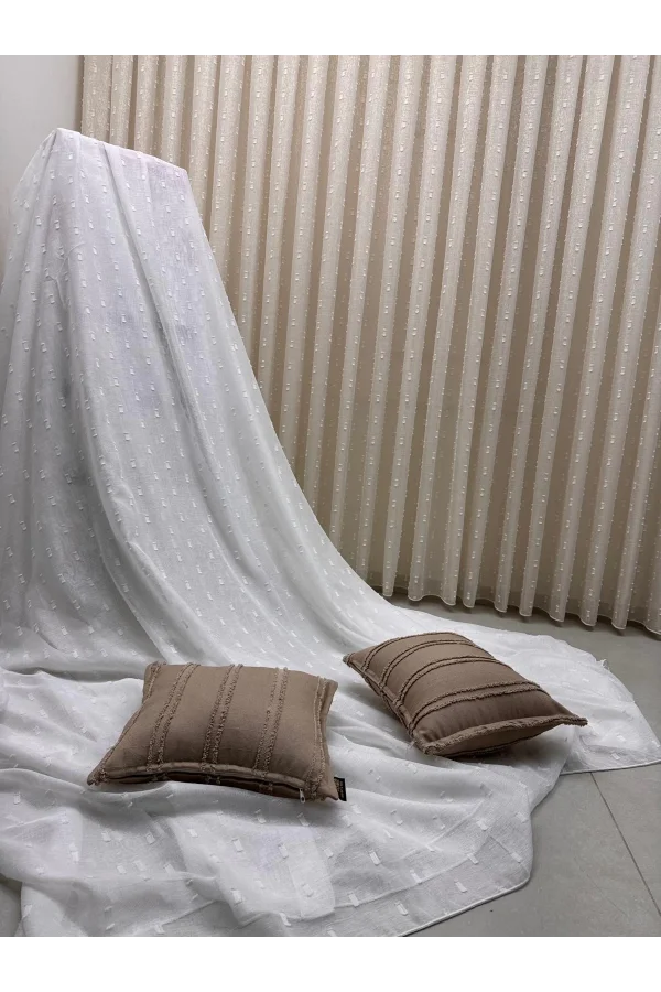 NİVEMESHOME FLORIDA LEINENOPTIK CHAMPAGNERFARBENER BOHÈME-STIL POMPOM 1/3 DICKFALTIGER TÜLLVORHANG APM