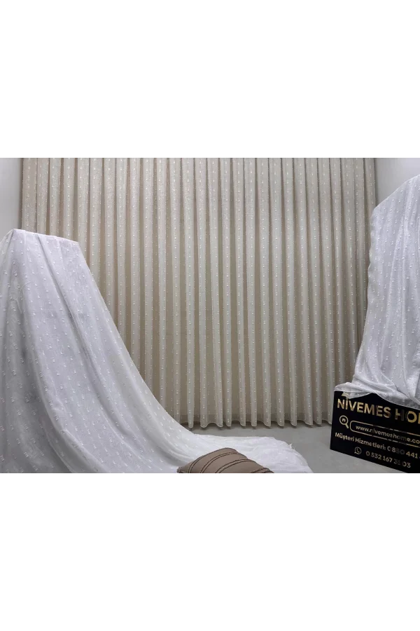 NİVEMESHOME FLORIDA LEINENOPTIK CHAMPAGNERFARBENER BOHÈME-STIL POMPOM 1/3 DICKFALTIGER TÜLLVORHANG APM