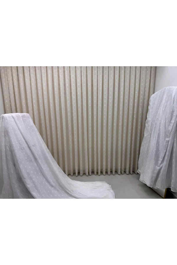 NİVEMESHOME FLORIDA LEINENOPTIK CHAMPAGNERFARBENER BOHÈME-STIL POMPOM 1/3 DICKFALTIGER TÜLLVORHANG APM