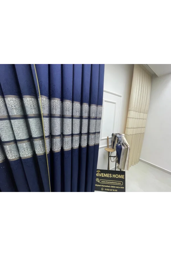 NİVEMESHOME  FT672069 V-530  FUNDA LACİVERT  1/3 SIK PİLELİ FON PERDE APM