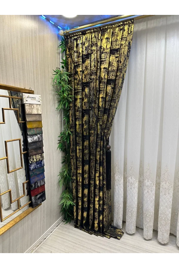 NİVEMESHOME GÖKYÜZÜ 08 CURTAIN BLACK-GOLD 1/3 TIGHT PLEATED CURTAIN APM