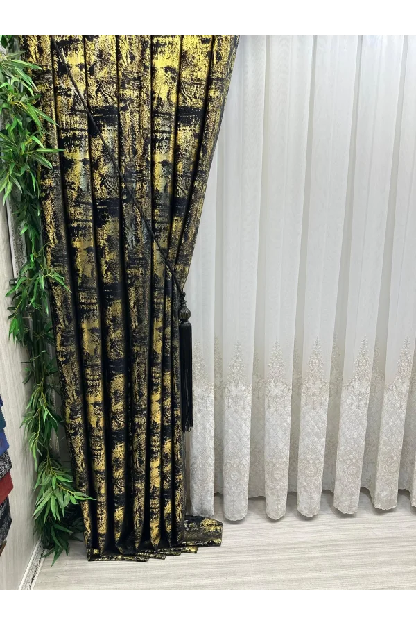 NİVEMESHOME GÖKYÜZÜ 08 CURTAIN BLACK-GOLD 1/3 TIGHT PLEATED CURTAIN APM