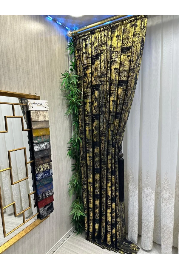 NİVEMESHOME GÖKYÜZÜ 08 CURTAIN BLACK-GOLD 1/3 TIGHT PLEATED CURTAIN APM