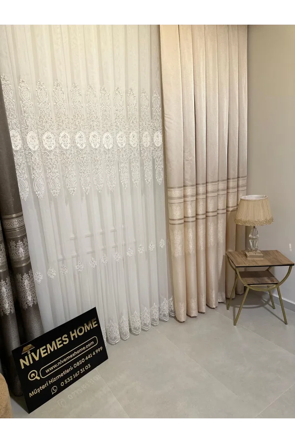NİVEMESHOME GOLD DETAILLI PERLE 2967 1/3 DICHTER SCHALSCHAL PERLEN VORHANG APM