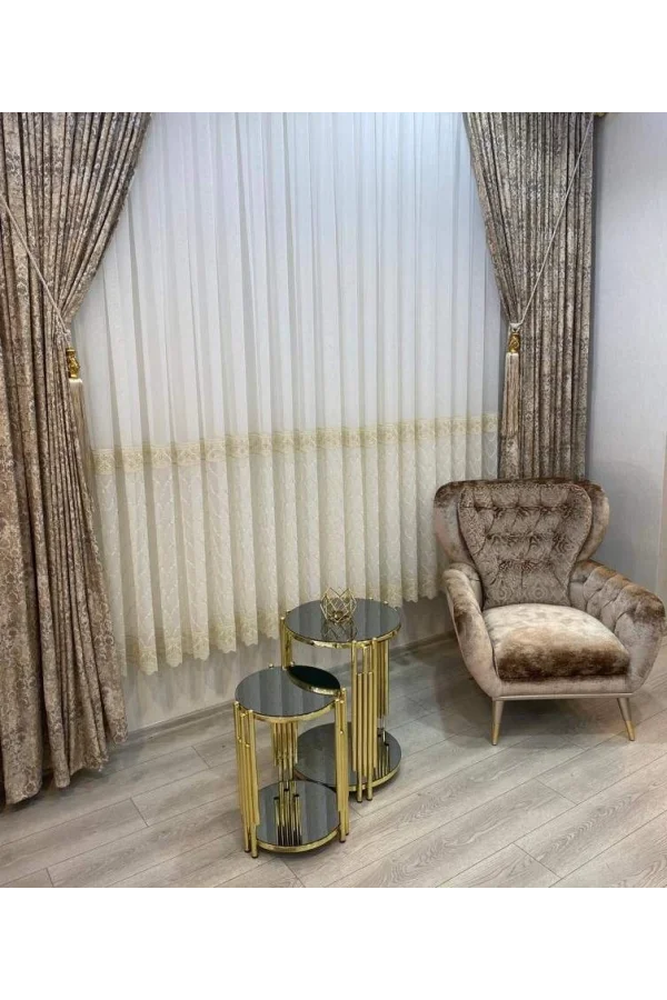 NİVEMESHOME GOLD LAGUNA ROCK BESTICKTE 1/3 DICHTER HAUFEN TÜLL VORHANG APM