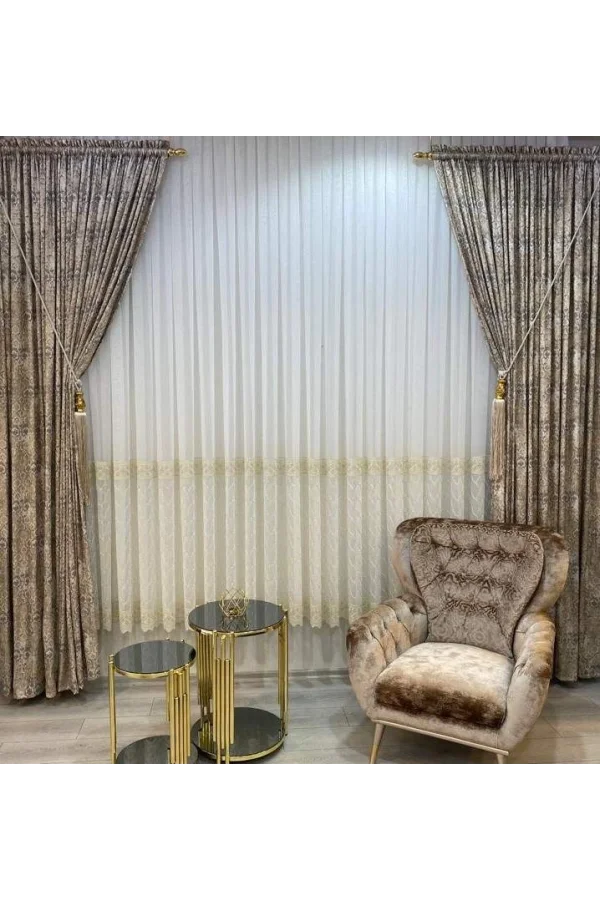 NİVEMESHOME GOLD LAGUNA ROCK BESTICKTE 1/3 DICHTER HAUFEN TÜLL VORHANG APM