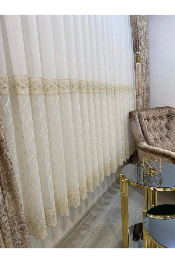 NİVEMESHOME GOLD LAGUNA ROCK BESTICKTE 1/3 DICHTER HAUFEN TÜLL VORHANG APM