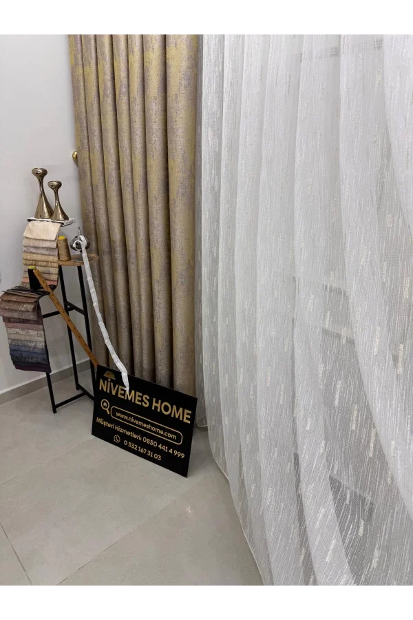 NİVEMESHOME GOLD BARTLI TÜLL 1/3 SIK DOLGU TÜL PERDE APM