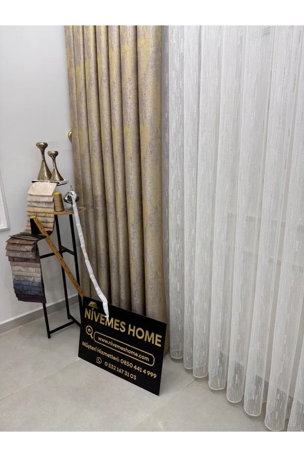 NİVEMESHOME GOLD BARTLI TÜLL 1/3 SIK DOLGU TÜL PERDE APM